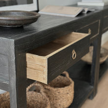 Load image into Gallery viewer, Provincial Console _ 120cm _ Two Drawer + Shelf _ Rustic Black
