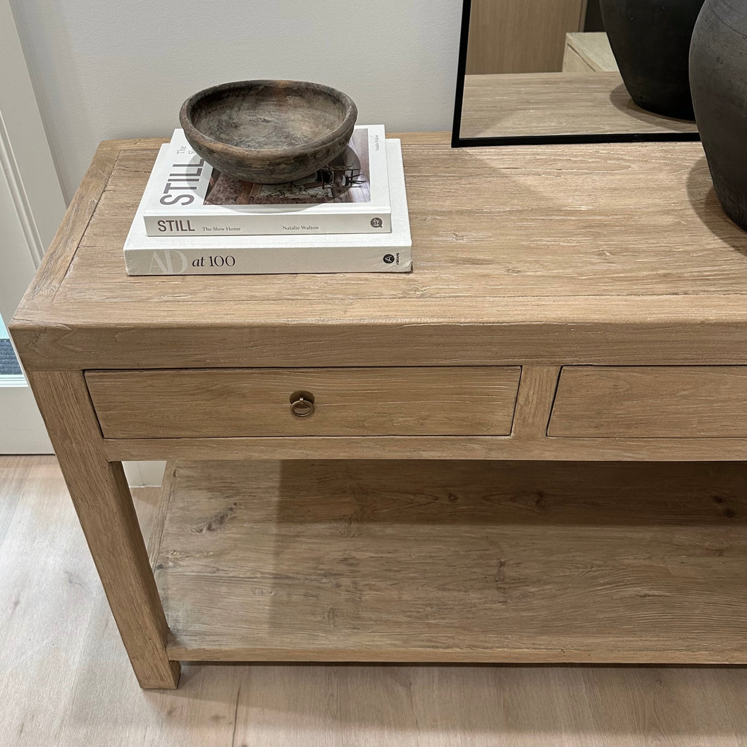 Antique Console _ 120cm _ Two Drawer + Shelf _ Aged Elm